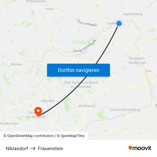Niklasdorf to Frauenstein map