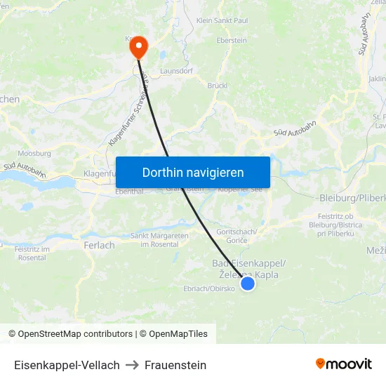 Eisenkappel-Vellach to Frauenstein map