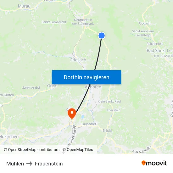 Mühlen to Frauenstein map