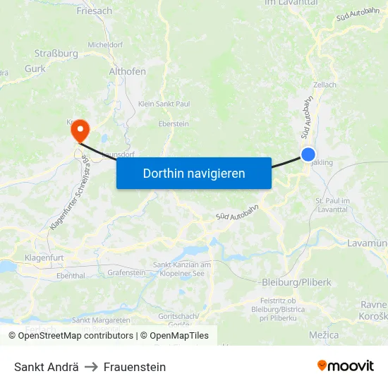 Sankt Andrä to Frauenstein map