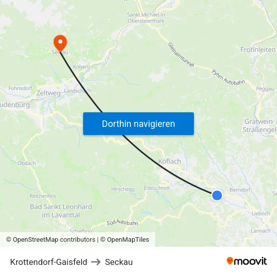 Krottendorf-Gaisfeld to Seckau map