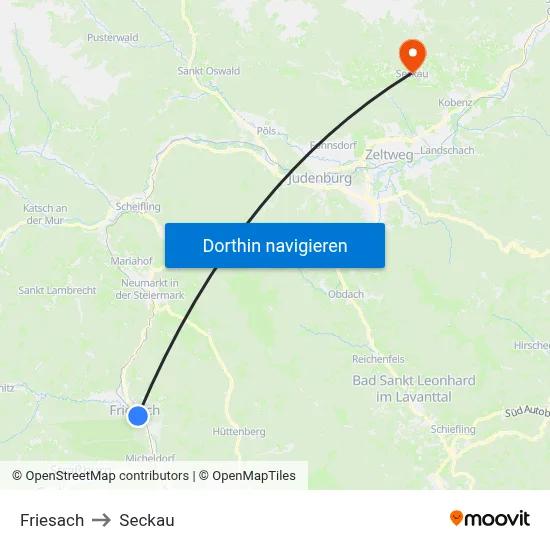 Friesach to Seckau map
