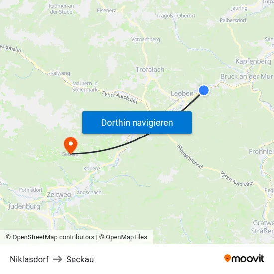 Niklasdorf to Seckau map