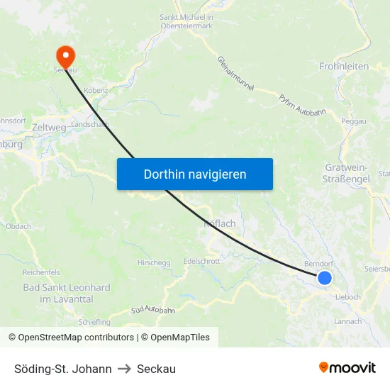 Söding-St. Johann to Seckau map