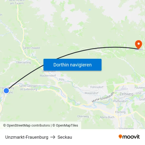 Unzmarkt-Frauenburg to Seckau map