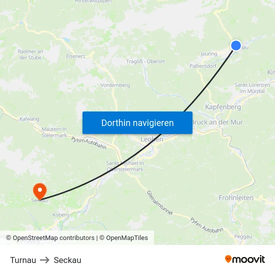 Turnau to Seckau map