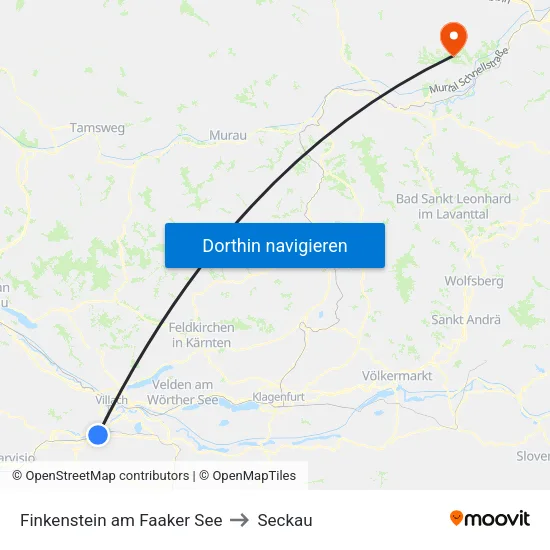 Finkenstein am Faaker See to Seckau map
