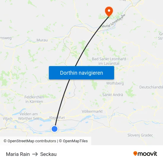 Maria Rain to Seckau map
