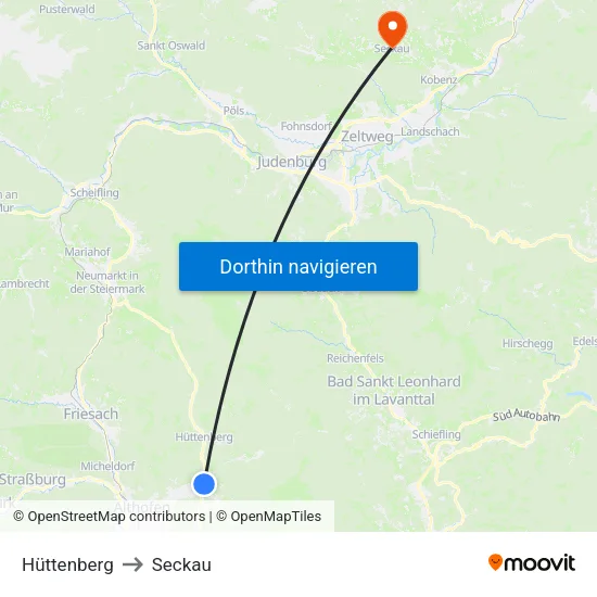 Hüttenberg to Seckau map