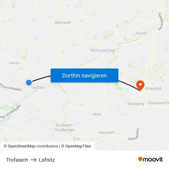 Trofaiach to Lafnitz map