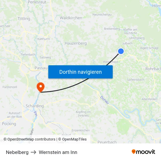 Nebelberg to Wernstein am Inn map