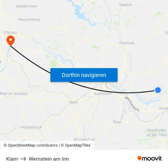 Klam to Wernstein am Inn map
