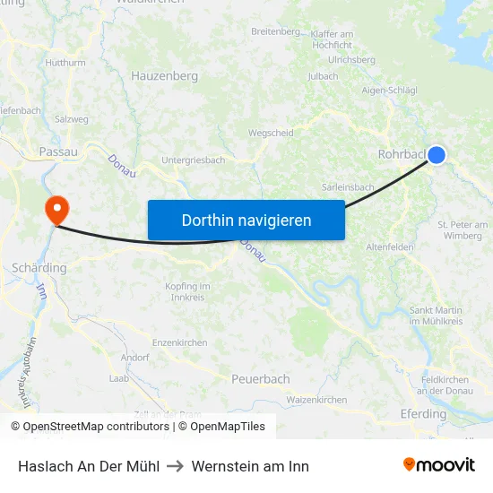Haslach An Der Mühl to Wernstein am Inn map
