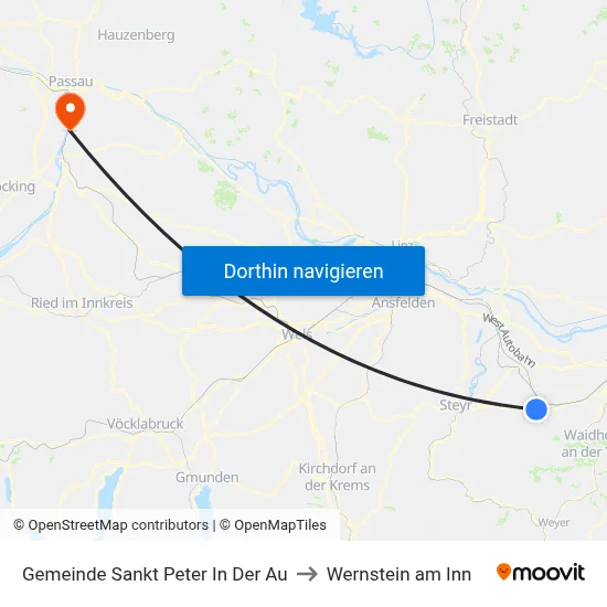 Gemeinde Sankt Peter In Der Au to Wernstein am Inn map
