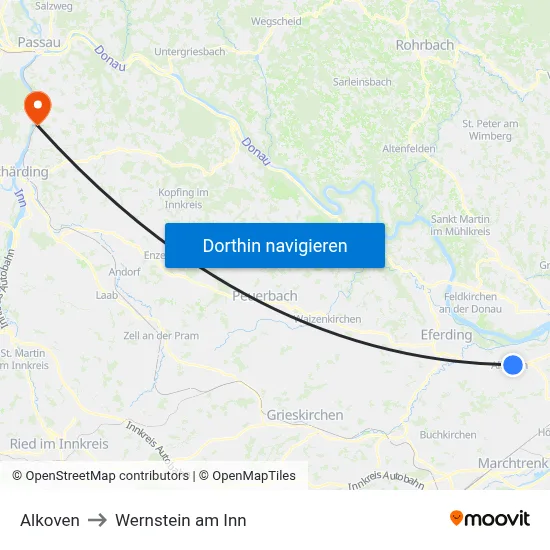 Alkoven to Wernstein am Inn map