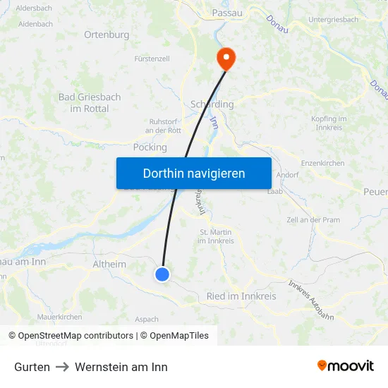Gurten to Wernstein am Inn map