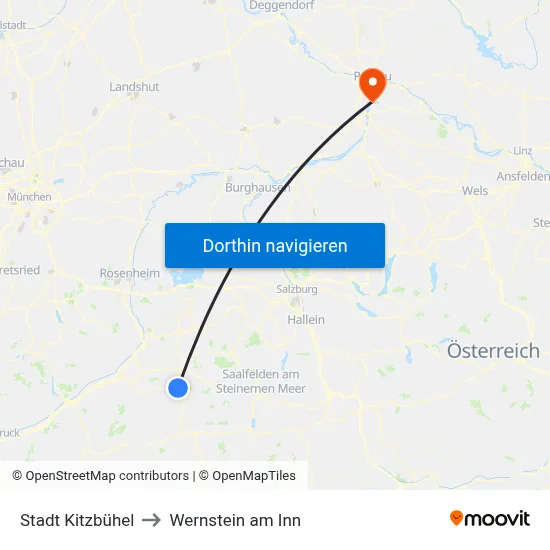 Stadt Kitzbühel to Wernstein am Inn map