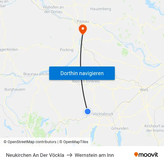 Neukirchen An Der Vöckla to Wernstein am Inn map