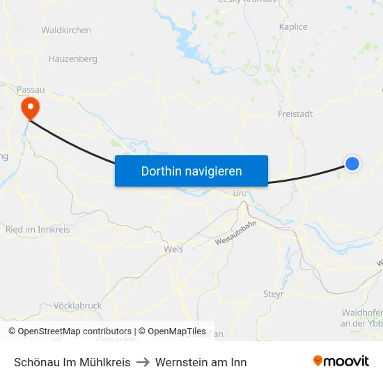 Schönau Im Mühlkreis to Wernstein am Inn map