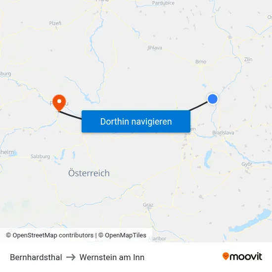 Bernhardsthal to Wernstein am Inn map