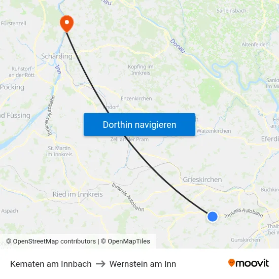 Kematen am Innbach to Wernstein am Inn map