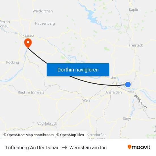 Luftenberg An Der Donau to Wernstein am Inn map
