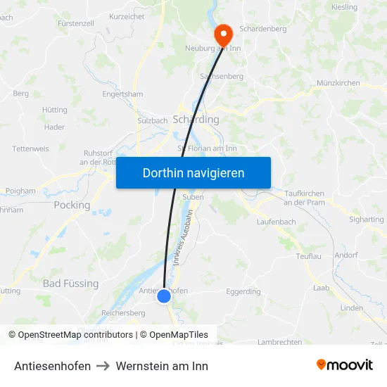 Antiesenhofen to Wernstein am Inn map