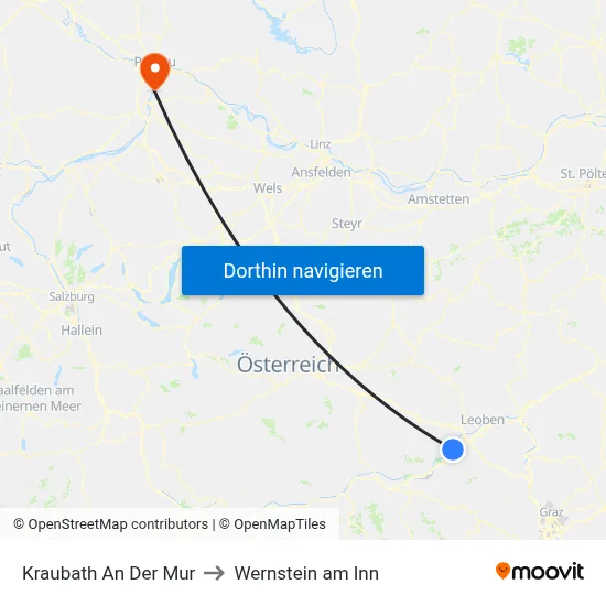 Kraubath An Der Mur to Wernstein am Inn map