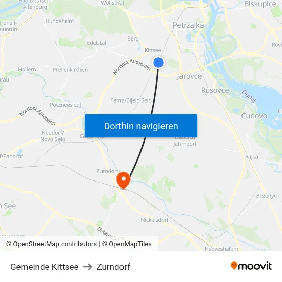 Gemeinde Kittsee to Zurndorf map