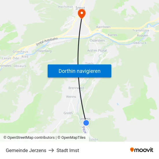 Gemeinde Jerzens to Stadt Imst map