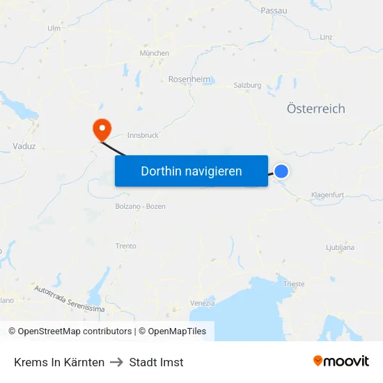 Krems In Kärnten to Stadt Imst map