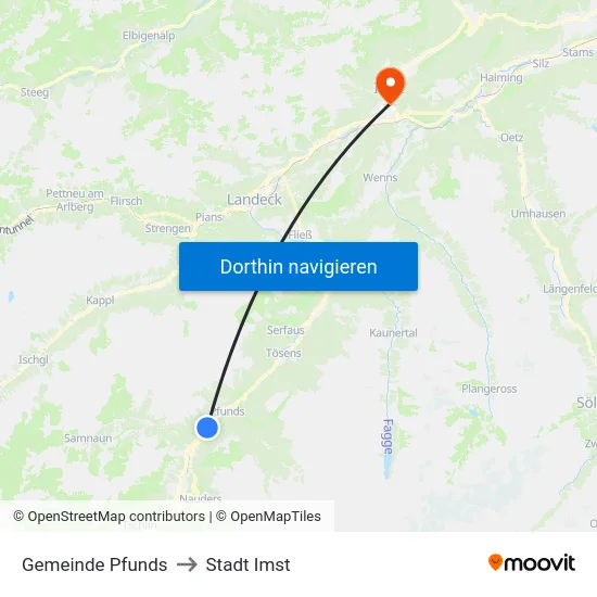 Gemeinde Pfunds to Stadt Imst map