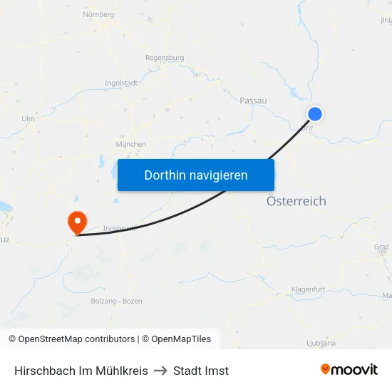 Hirschbach Im Mühlkreis to Stadt Imst map