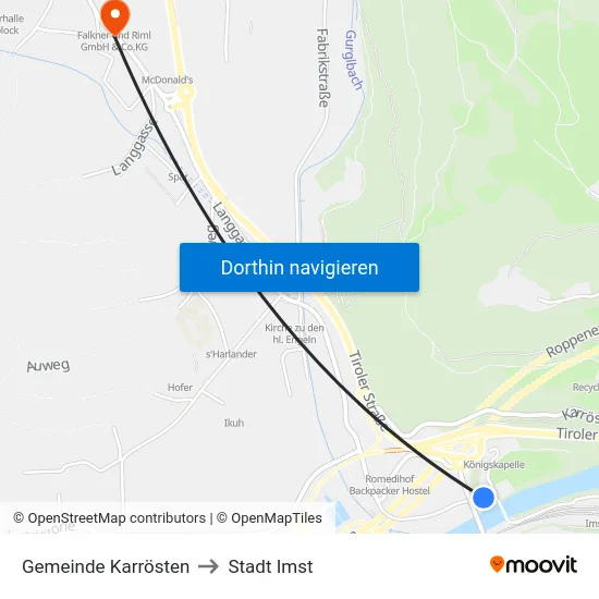 Gemeinde Karrösten to Stadt Imst map