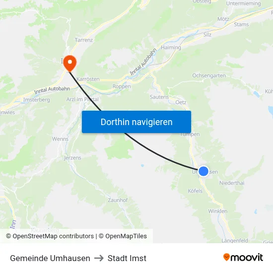 Gemeinde Umhausen to Stadt Imst map
