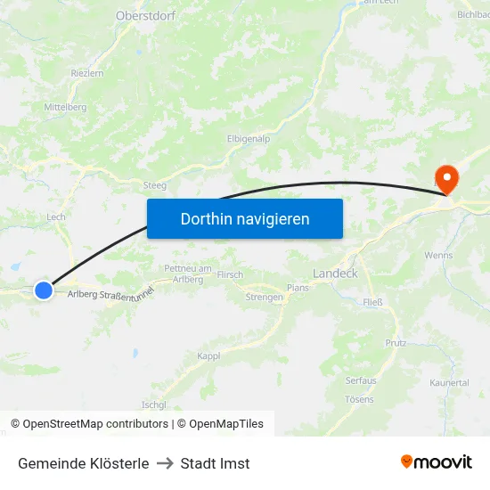 Gemeinde Klösterle to Stadt Imst map