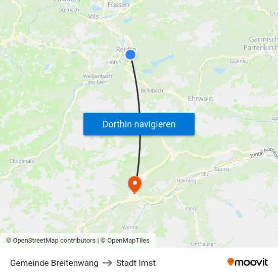 Gemeinde Breitenwang to Stadt Imst map