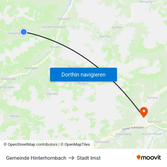 Gemeinde Hinterhornbach to Stadt Imst map