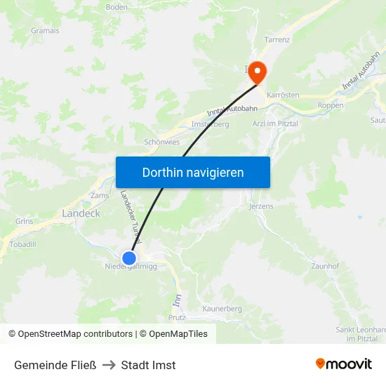 Gemeinde Fließ to Stadt Imst map