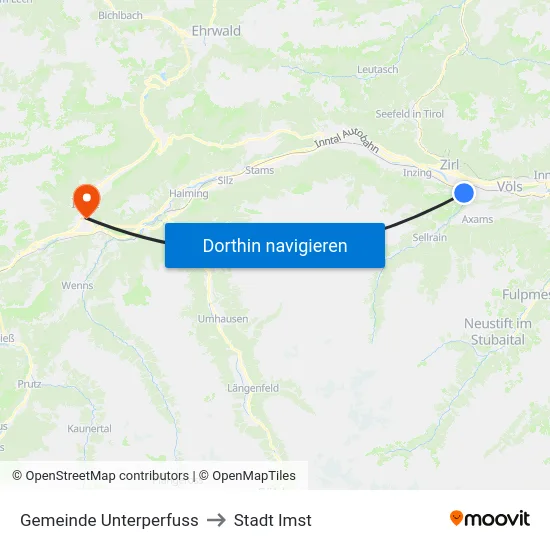 Gemeinde Unterperfuss to Stadt Imst map
