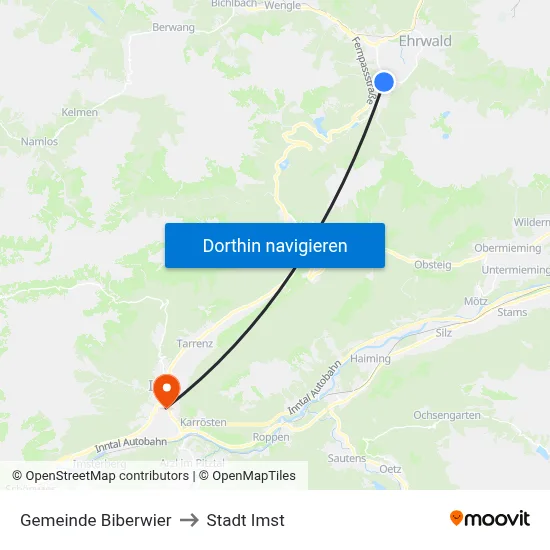 Gemeinde Biberwier to Stadt Imst map