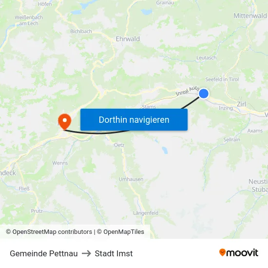 Gemeinde Pettnau to Stadt Imst map