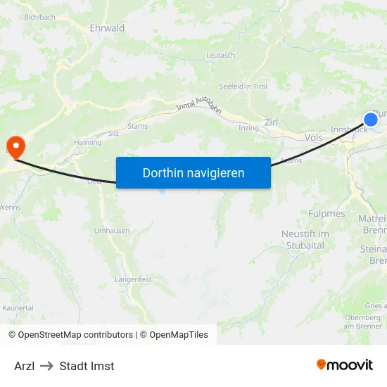 Arzl to Stadt Imst map