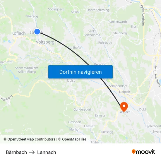 Bärnbach to Lannach map