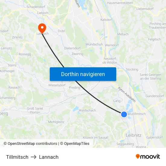 Tillmitsch to Lannach map