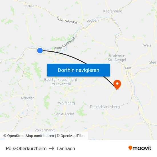 Pöls-Oberkurzheim to Lannach map