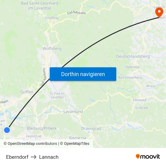 Eberndorf to Lannach map