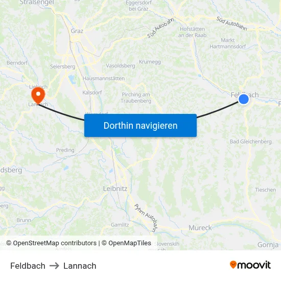 Feldbach to Lannach map