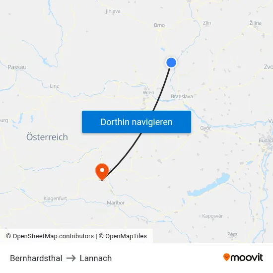 Bernhardsthal to Lannach map