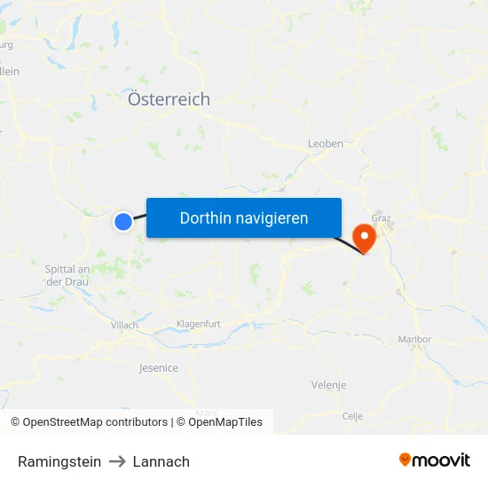 Ramingstein to Lannach map